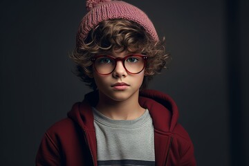 Portrait of a cute little boy with curly hair wearing glasses and a pink hat.