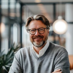 Fototapeta premium Smiling Middle-aged Businessman in Modern Office Using Smartphone for Work. Concept Office Portraits, Middle-aged Professionals, Business Technology, Modern Workspace
