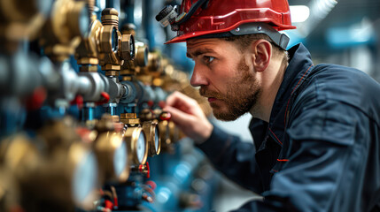 A man in a red helmet is looking at a wall of valves