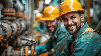 Two men in yellow hard hats are smiling and posing for a photo