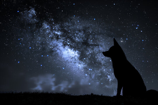 Beautiful night sky with stars and the milky way, a fox silhouette on the right side of the frame, a dark black background, closeup, a real photo, high resolution