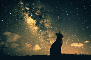 Beautiful night sky with stars and the milky way, a fox silhouette on the right side of the frame,...