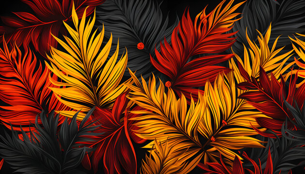 Red and Yellow Leaves on Black Background