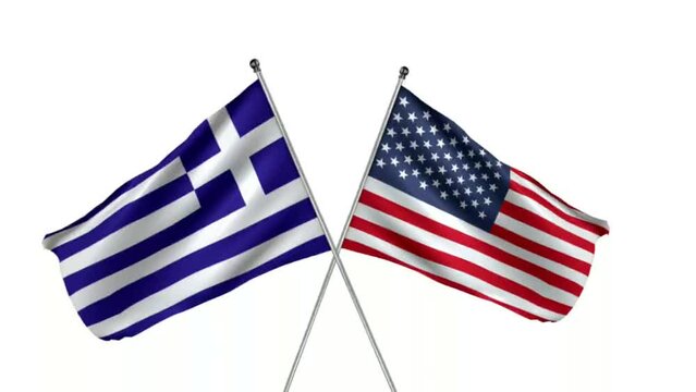 Greece and American flags isolated at white background video animation, seamless looping video animated background	