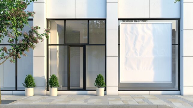 Building exterior of office or shop with white mock up poster hanging in the window. AI generated