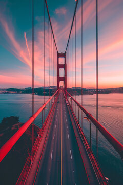 Golden Gate Bridge, San Francisco California USA, view from inside of Golden Forest National Ung expensive red and white bridge in the evening, pink sky, sea horizon, professional photography