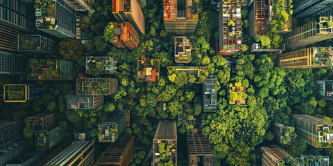 Aerial View of Urban Landscape Blending with Lush Greenery - obrazy, fototapety, plakaty