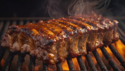 Sizzling BBQ Ribs on Grill with Smoke