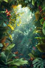 Mystical Vibrant Jungle Scene with Lush Greenery and Exotic Flowers