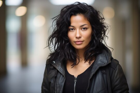 Portrait of a beautiful asian woman in black leather jacket looking at camera