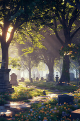 Obraz premium Tranquil Cemetery Bathed in Morning Light, Shimmering Through Trees
