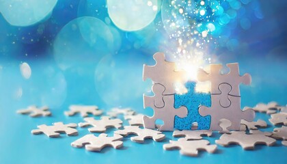 Jigsaw Puzzle Piece Completion on Blue Sparkling Background - obrazy, fototapety, plakaty