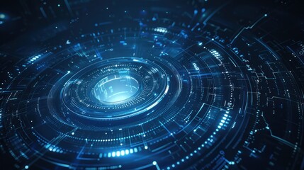 Futuristic glowing circle lines technology on dark blue background. AI generated image