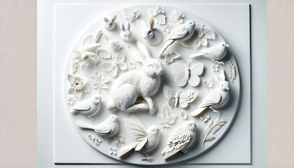 Serene Assembly of Porcelain Fauna: Rabbits, Birds, and Butterflies