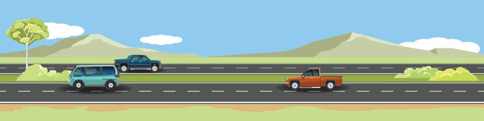 Travels of car with driving for banner. Asphalt road highway near the meadow with green mountain under clear sky. Trees and grass divide the road. Copy Space Flat Vector.