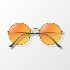 Vector 3d Realistic Orange Round Frame Glasses Isolated. Sunglasses, Lens, Vintage Eyeglasses in Top View. Design Template for Optics and Eyewear Branding Concept