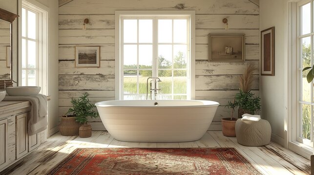 White cozy bathroom interior, farmhouse style, 3d render. Decor concept. Real estate concept. Art concept. Bathroom concept. Stylist concept. 3d render concept