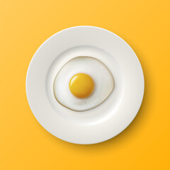 Vector 3d Realistic Fried Egg on a White Dish, Plate Closeup Isolated in Top View. Design Template of Scrambled Eggs, Fried Egg, Omelette. Delicious Breakfast, Food, Culinary Concept