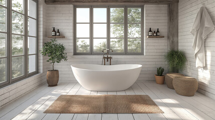 White cozy bathroom interior, farmhouse style, 3d render. Decor concept. Real estate concept. Art concept. Bathroom concept. Stylist concept. 3d render concept