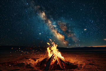 Starry sky with Milky Way, fire in the background, long exposure photography, dark black and white...