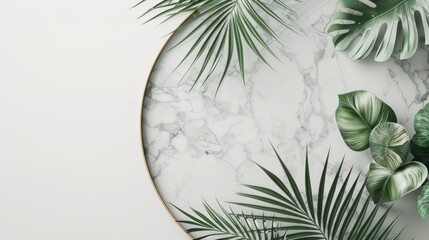 White marble podium display product with palm leaves on white background. AI generated image - obrazy, fototapety, plakaty
