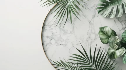 Fotobehang White marble podium display product with palm leaves on white background. AI generated image © yusufadi