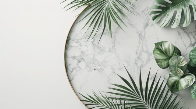 White marble podium display product with palm leaves on white background. AI generated image