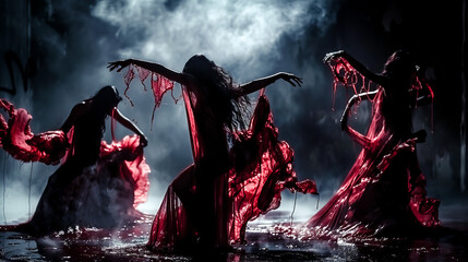 Beautiful vampire women and witches coven dancing in a pool of blood with bloody soaked dresses in the moon light on Halloween night. - obrazy, fototapety, plakaty