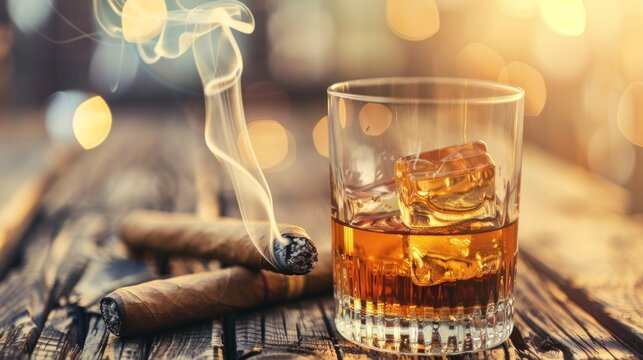 Glass of whiskey and a cigar on wooden table on blur background. AI generated image