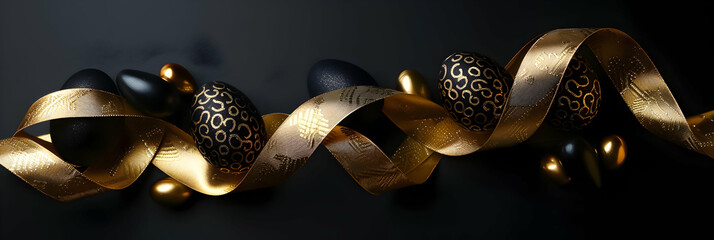 Golden Easter eggs and navy ribbons on a dark background with golden flecks.