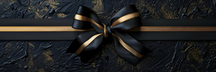 Black ribbon with golden trim on a textured dark background. - obrazy, fototapety, plakaty