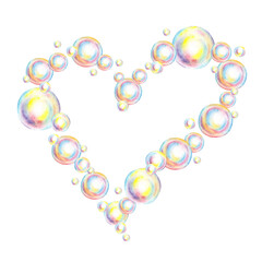 Watercolor illustration of heart-shaped frame with soap bubbles. Summer toy symbol, bath time, carnival, bubble party, soap making, hobby, bathroom, bubbles, foam, shampoo, cleaning, washing, hygiene