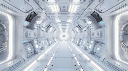 Futuristic modern spaceship interior design white bright color lighting effect. AI generated image