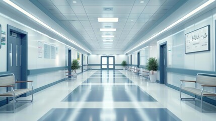 Naklejka na ściany i meble Hospital corridor building interior design with lots room background. AI generated image