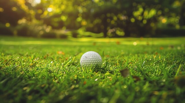 Close up white golf ball sport on course grass with blur background. AI generated image