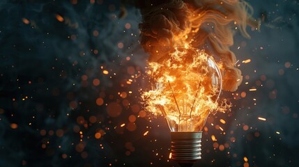 3d rendering of light bulb exploding with flames isolated on a dark background. AI generated - obrazy, fototapety, plakaty