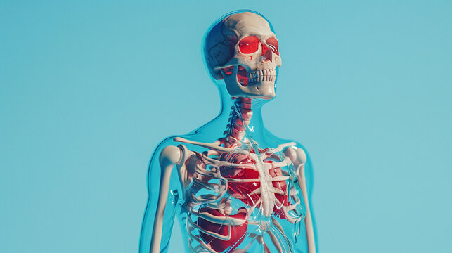 transparent human figure on a solid blue background. You can see the skeleton and the red heart inside the body