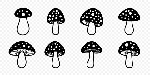 Vector Black and White Hand Drawn Cartoon Mushrooms. Amanita Muscaria, Fly Agaric Illustration, Cutout Mushrooms Collection. Magic Mushroom Silhouette, Design Template