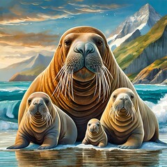 Mother Walrus and her Calves, Animal Mothers are Fun, Animals are Fun series by Zen Curio Shop - obrazy, fototapety, plakaty