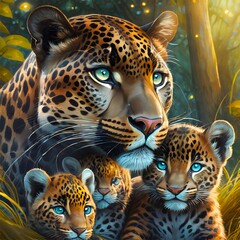 Mother Leopard with her Cubs, Animal Mothers are Fun, Animals are Fun series by Zen Curio Shop