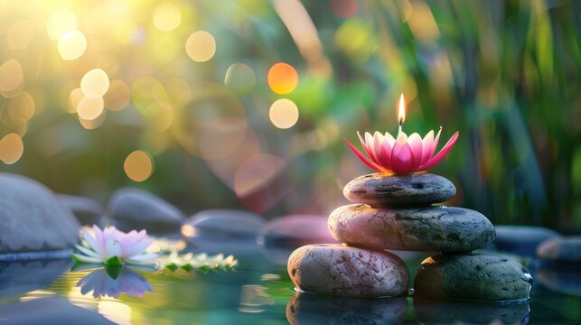 Stack zen stones with candle and lotus flower on blur background. AI generated image