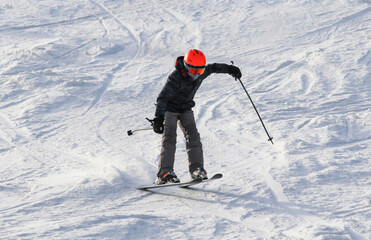 An individual skier is captured in mid-glide as they navigate a gentle descent on a well-trodden...