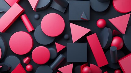 3D rendering of geometric shapes in various colors and sizes. The shapes are arranged in a random pattern and appear to be floating in space. - Powered by Adobe