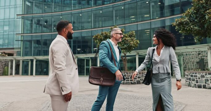 Business people, hand shake and city building for collaboration welcome with wind downtown, teamwork or corporate. Men, woman and diversity in urban New York for greeting deal, hello or agreement