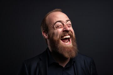 Portrait of a bearded man screaming with closed eyes on black background