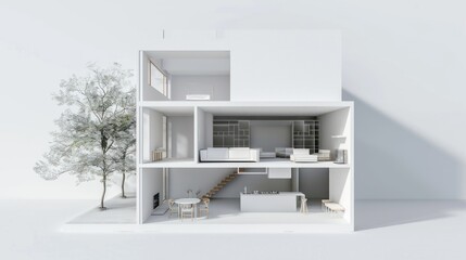 Rendering 3D miniature white townhouse model of minimalist contemporary style. AI generated