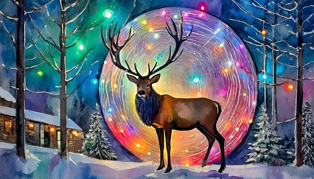 a round circle wall decor painting featuring elk art, enhanced with large LED lights for a Nordic-inspired ambiance. Use vibrant colors and intricate detailing to bring the elk to life on the canvas, 