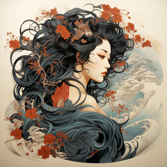 Photo of a geisha with floral hair accessories generative ai