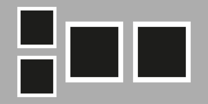 Polaroid camera frames photo mockup scrapbook on a gray wall. Black photo frame template. Vector illustration.