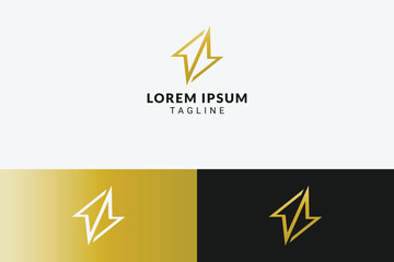Symmetric golden lightbolt logo concept. Vector logo template for branding companies in energy, tech, science, corporate and more - obrazy, fototapety, plakaty